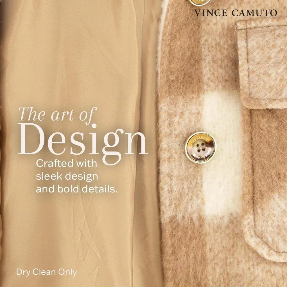 ✨Women Cream Fleece Collar Front Button Closures Shacket Long Plaid Coat Jacket - Picture 5 of 7